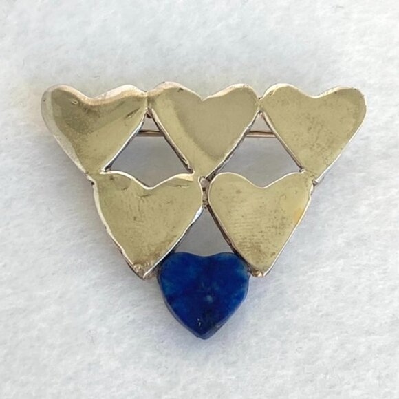 Vintage Sterling Silver 925 1.5" Stacked Hearts Blue Lapis Brooch - Picture 2 of 16